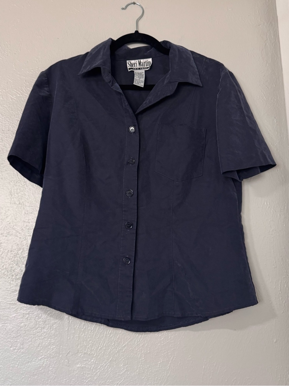 Sheri Martin Navy Short-Sleeve Button-Down Shirt for women size 10 summer casual